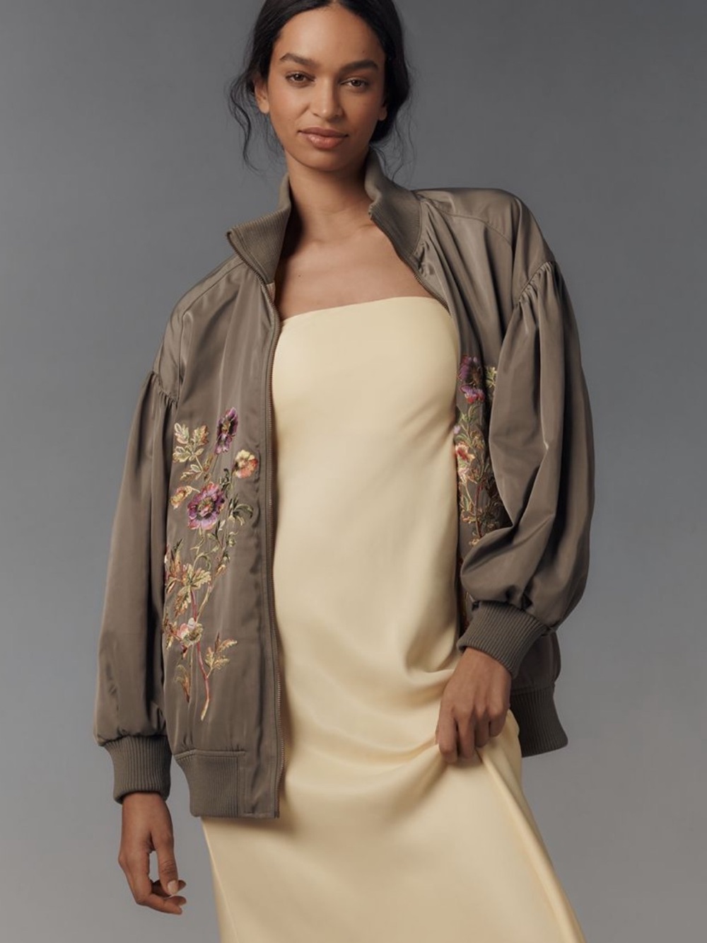 Anthropologie Floral Embroidered Bomber Jacket in Moss Green- NWOT